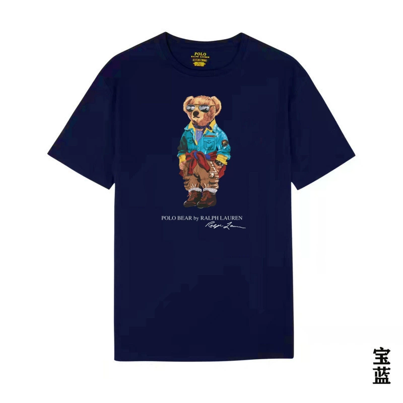 Navy blue t-shirt with a colorful bear graphic and Ralph Lauren logo on a white background