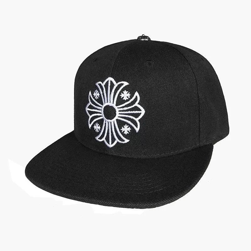 Black cap with a white geometric design on a white background
