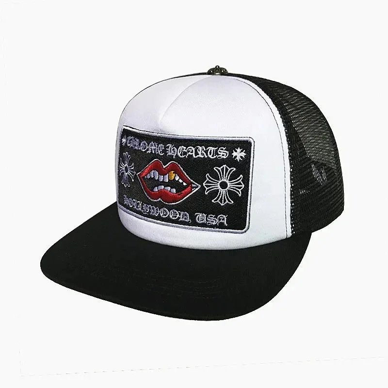 Black and white cap with a colorful patch on a white background