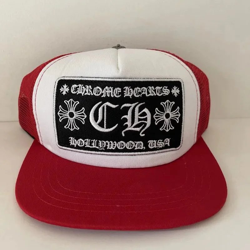 Red and white cap with 'Chrome Hearts' logo on a white background