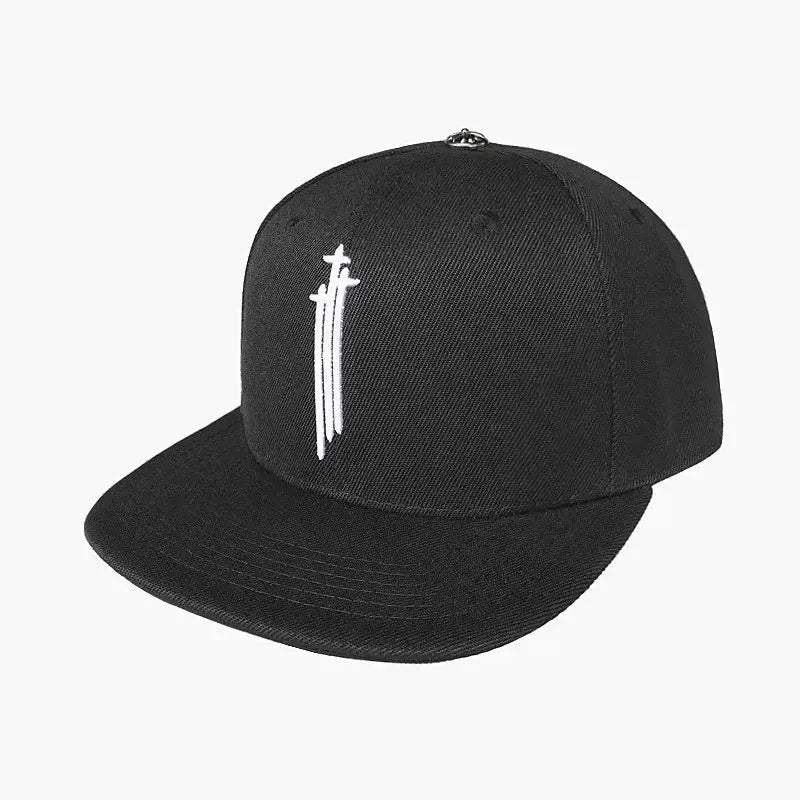 Black cap with a white dagger emblem on a white background