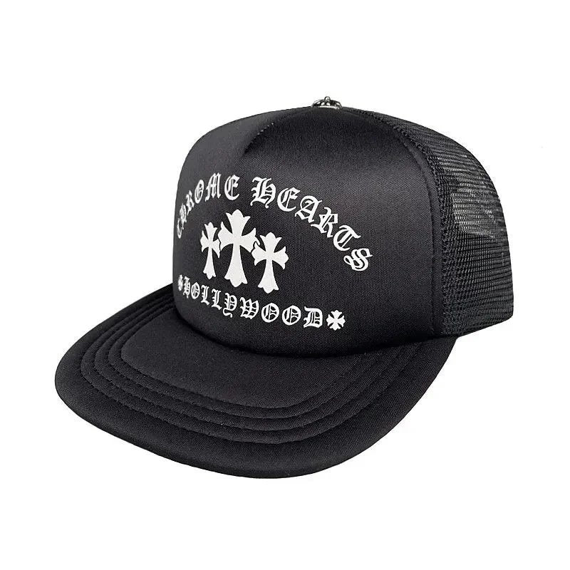 Black cap with white text and logo on a white background