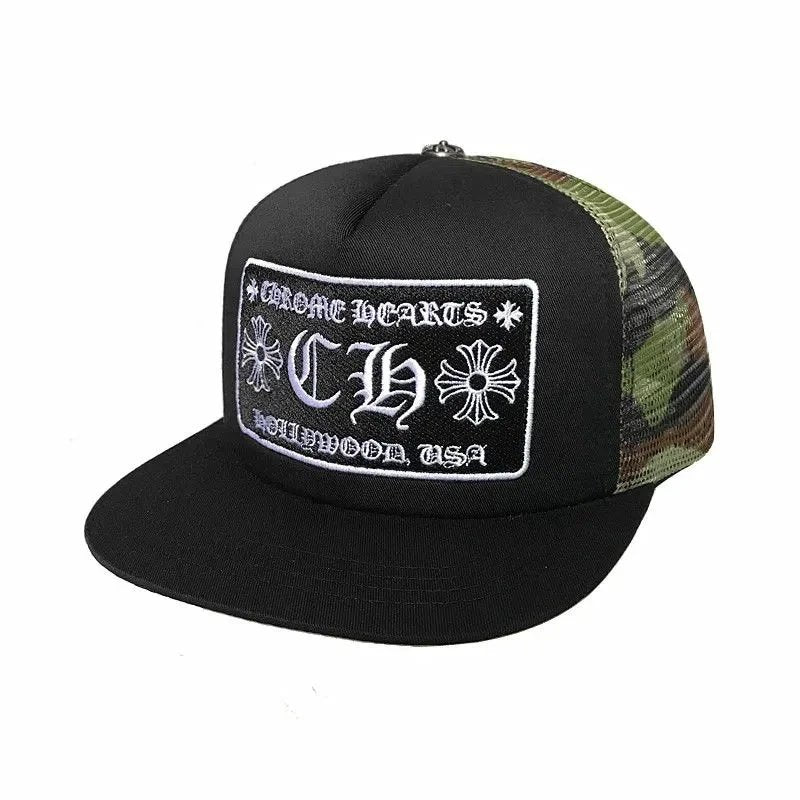 Black and camouflage cap with white logo on a white background
