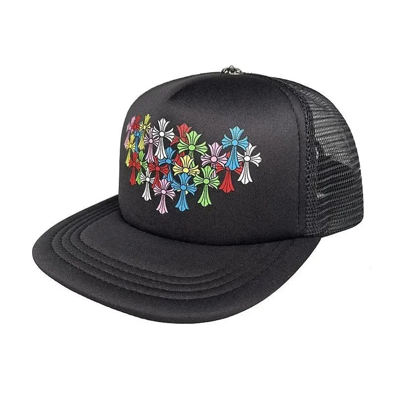 Black trucker hat with colorful floral design on a white background