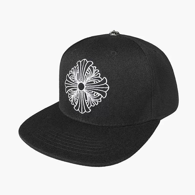 Black cap with a white floral design on a white background