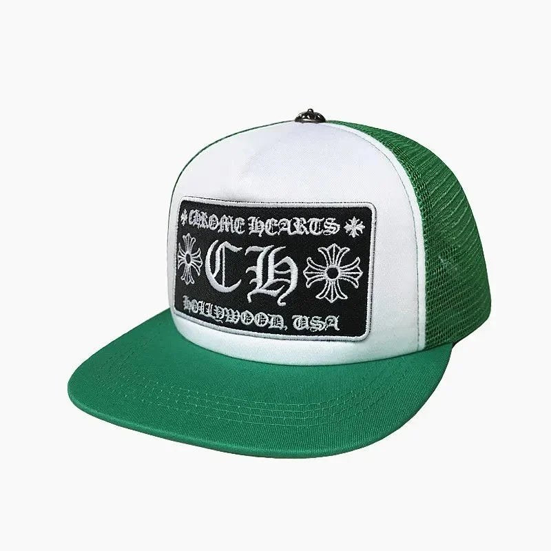 Green and white cap with black logo on a white background