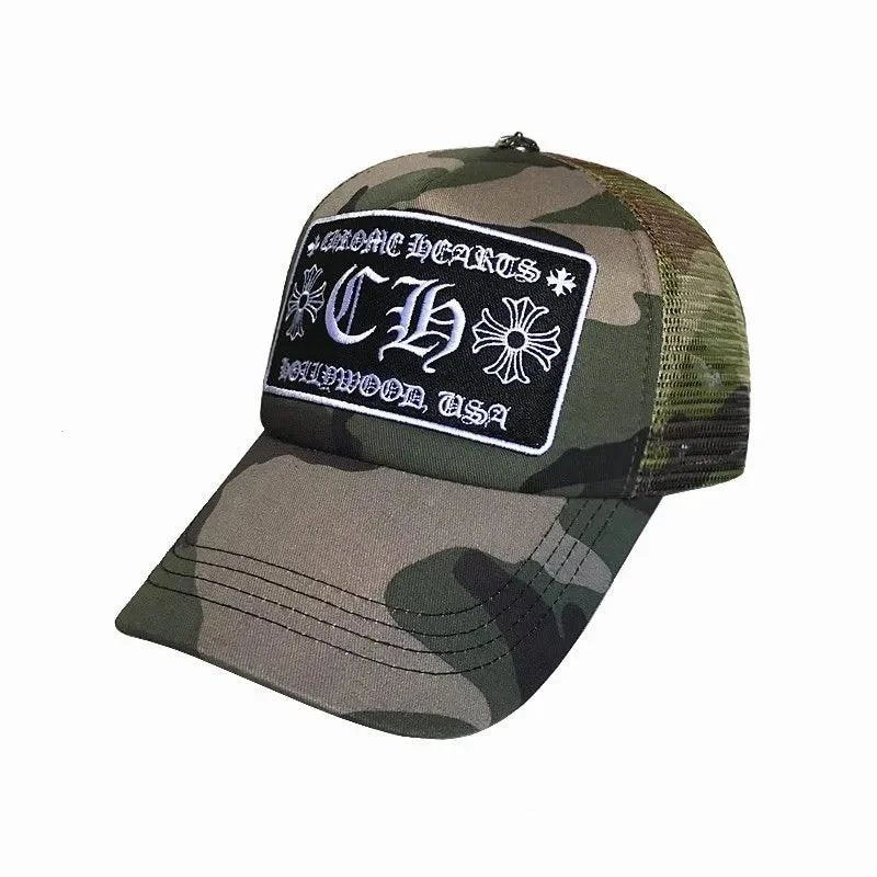 Camouflage trucker hat with a logo patch on a white background