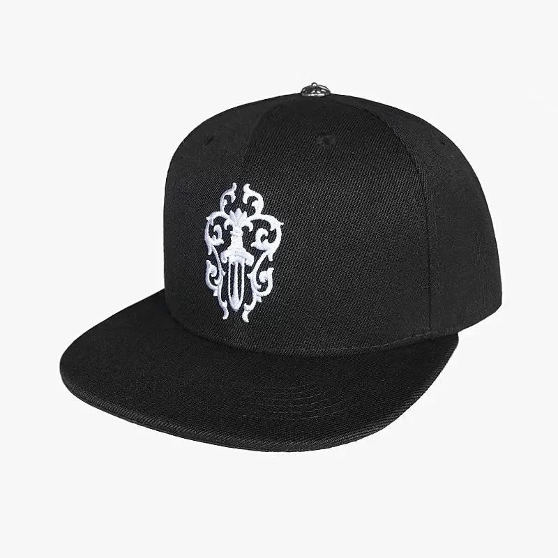 Black cap with a white logo on a white background