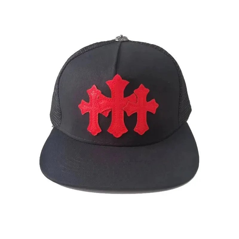 Black cap with a red cross emblem on a white background