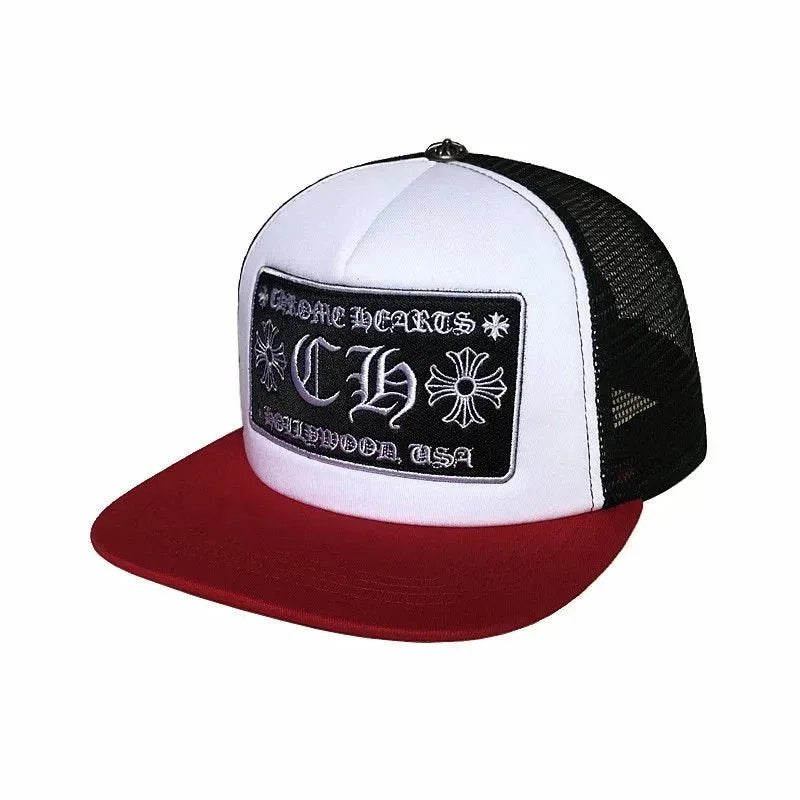 Trucker hat with red brim, white front panel, and black back panel featuring a logo and text on a white background.