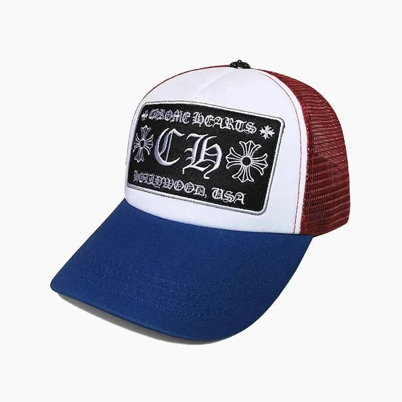 Trucker hat with a logo and text on a white background