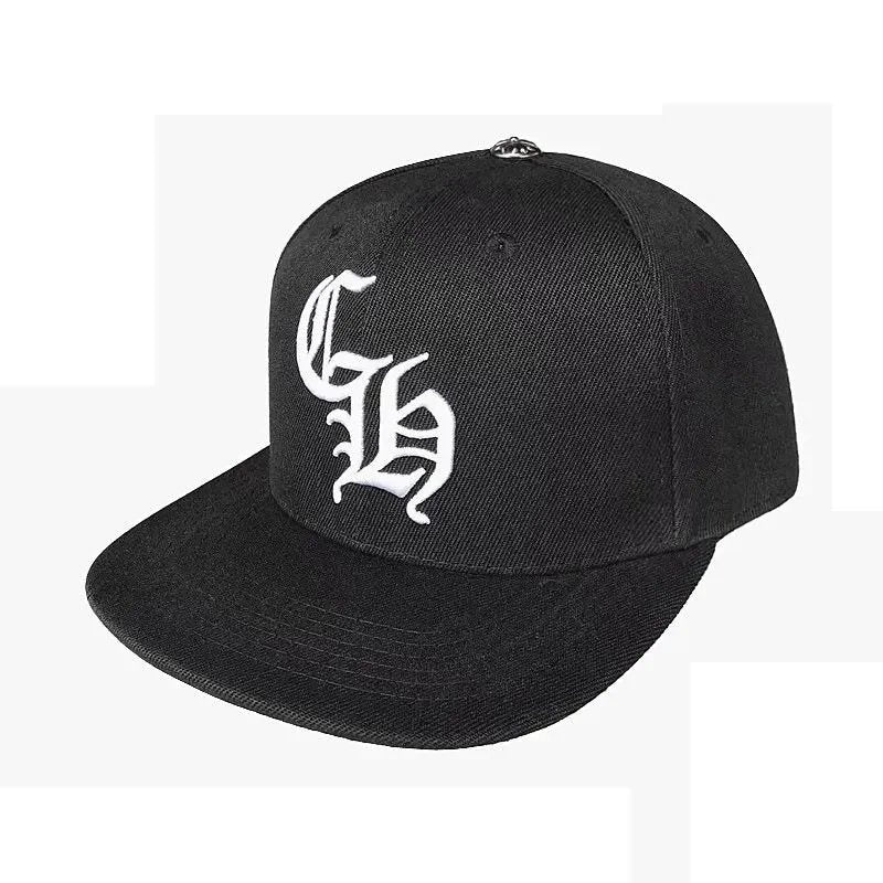 Black cap with white logo on a white background