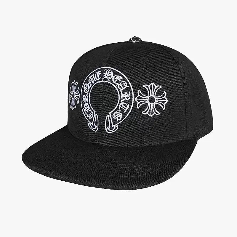 Black cap with white embroidery on a white background