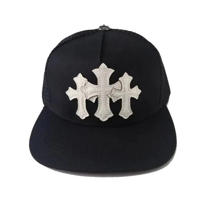 Black cap with white cross design on a white background