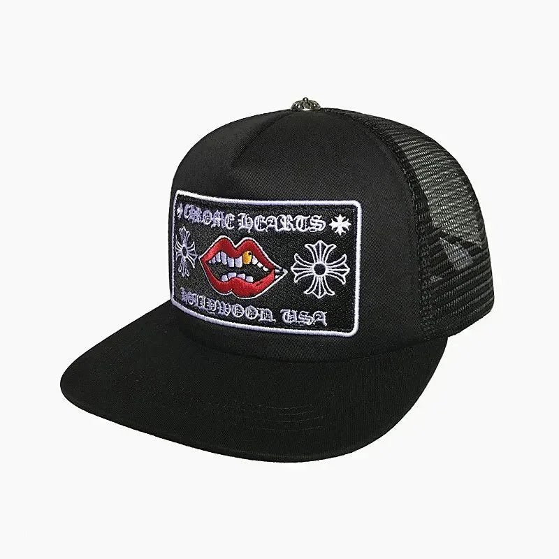 Black trucker hat with a logo on a white background