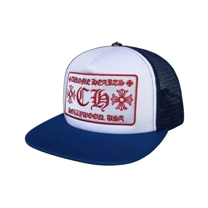 Trucker hat with red and white logo on a white background