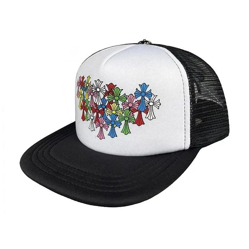 Trucker hat with colorful character design on a white background