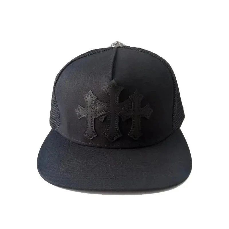 Black cap with cross design on a white background