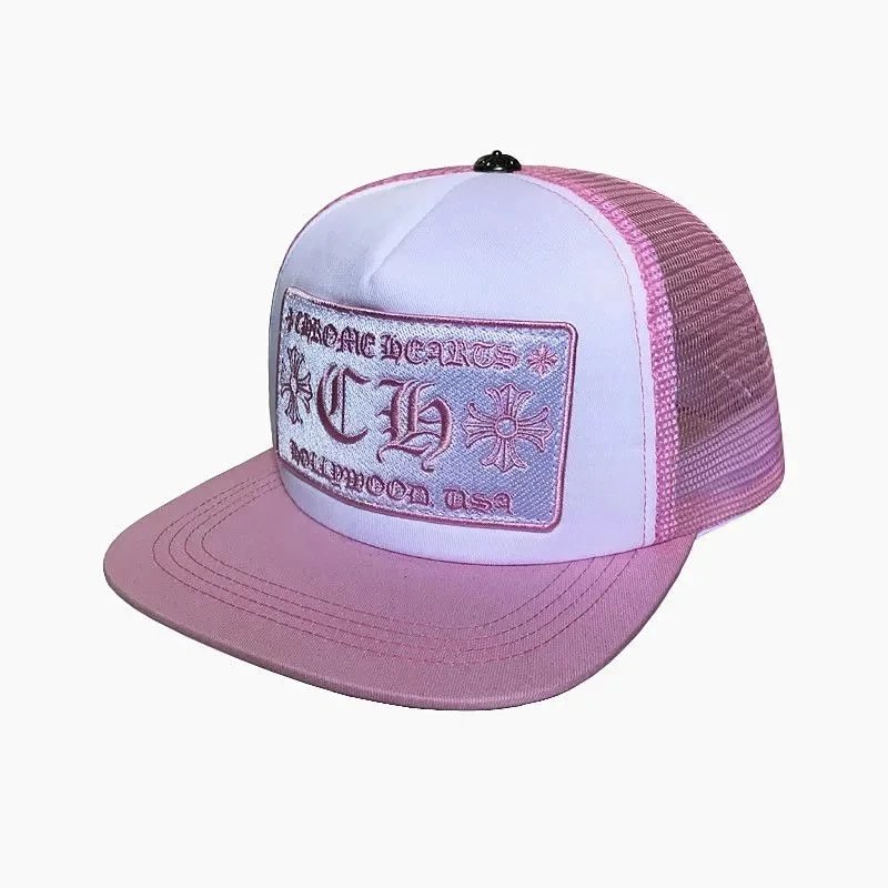 Pink and white cap with embroidered logo on a white background