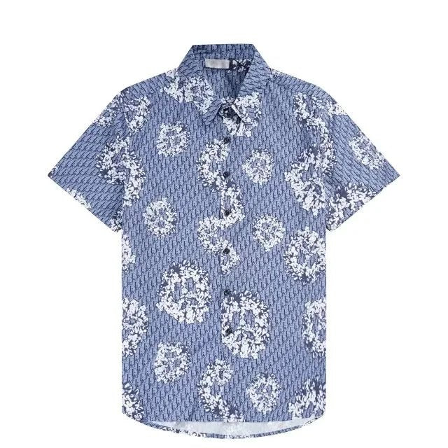 Blue floral patterned shirt on a white background