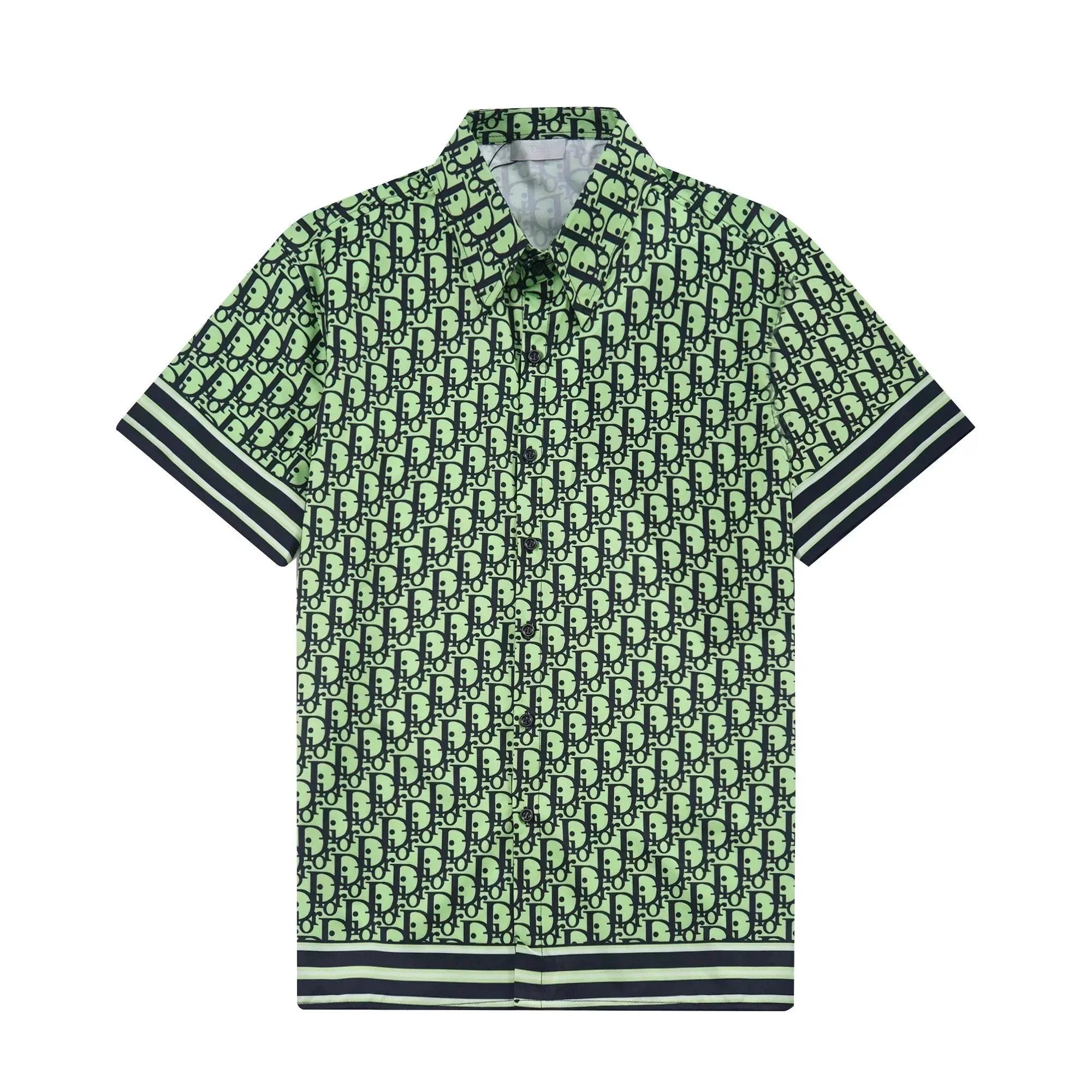 Green patterned shirt with black accents on a white background