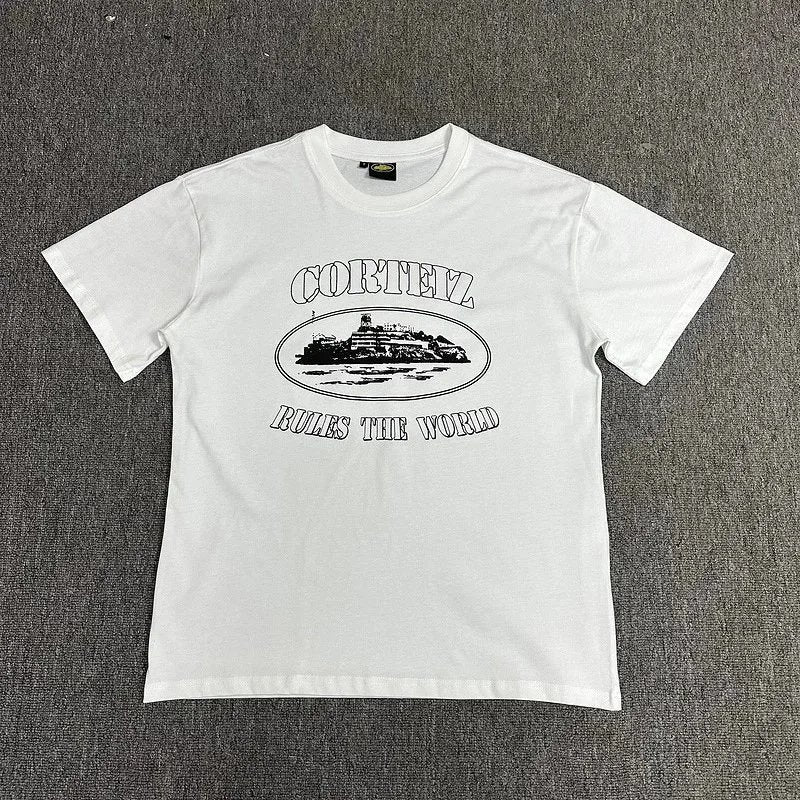 White t-shirt with black graphic and text on a gray background