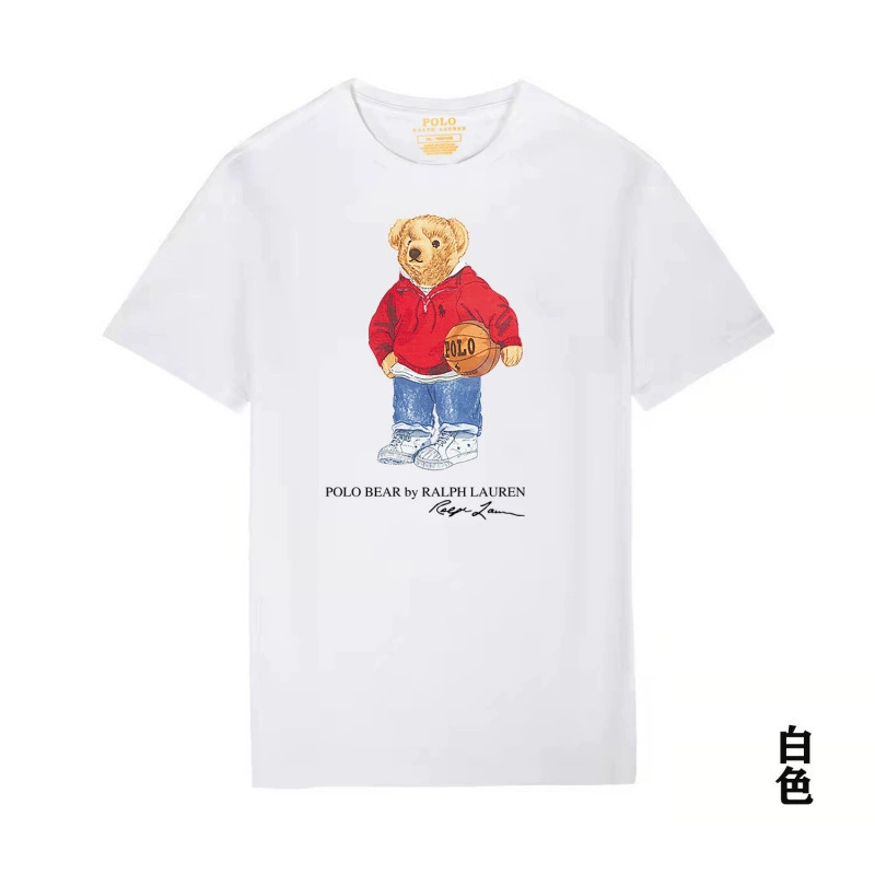 White t-shirt with a bear graphic in a red hoodie and blue jeans, featuring Ralph Lauren branding.