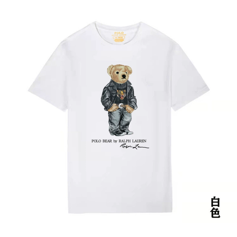 White t-shirt with a bear graphic and Ralph Lauren logo on a white background