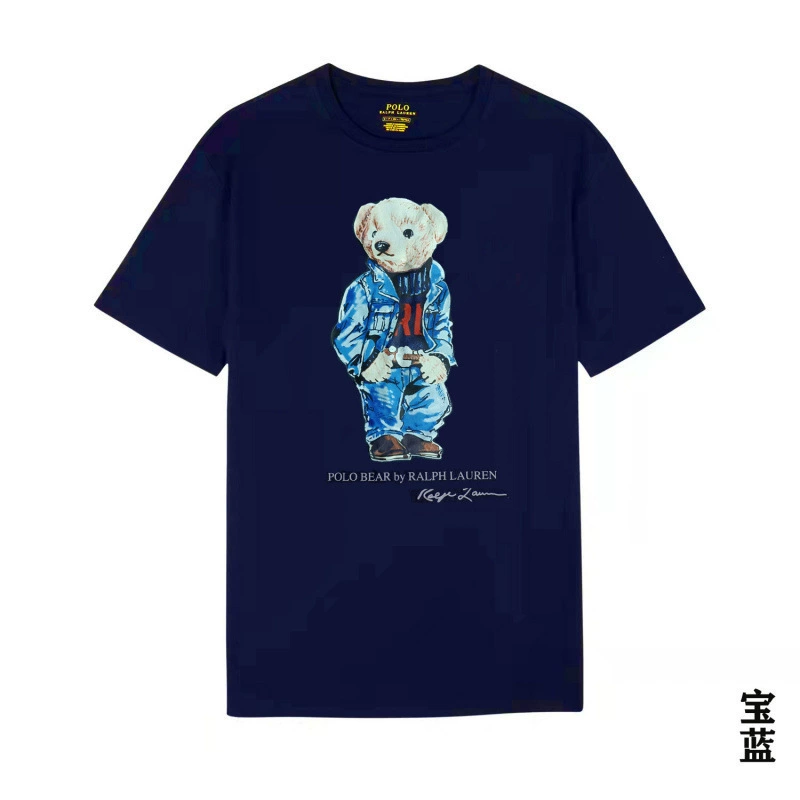 Navy blue t-shirt with a teddy bear graphic and Ralph Lauren logo on a white background