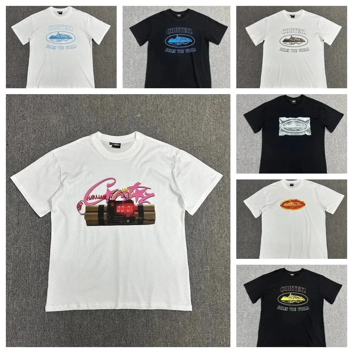 Collection of various t-shirts with different designs on a gray background
