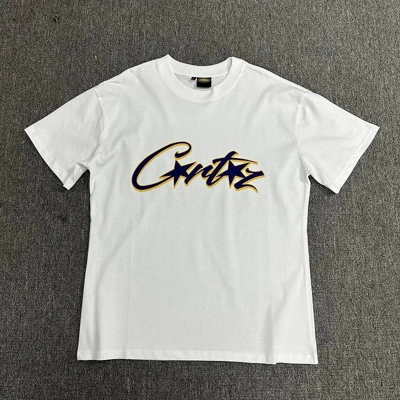White t-shirt with a logo on a gray background