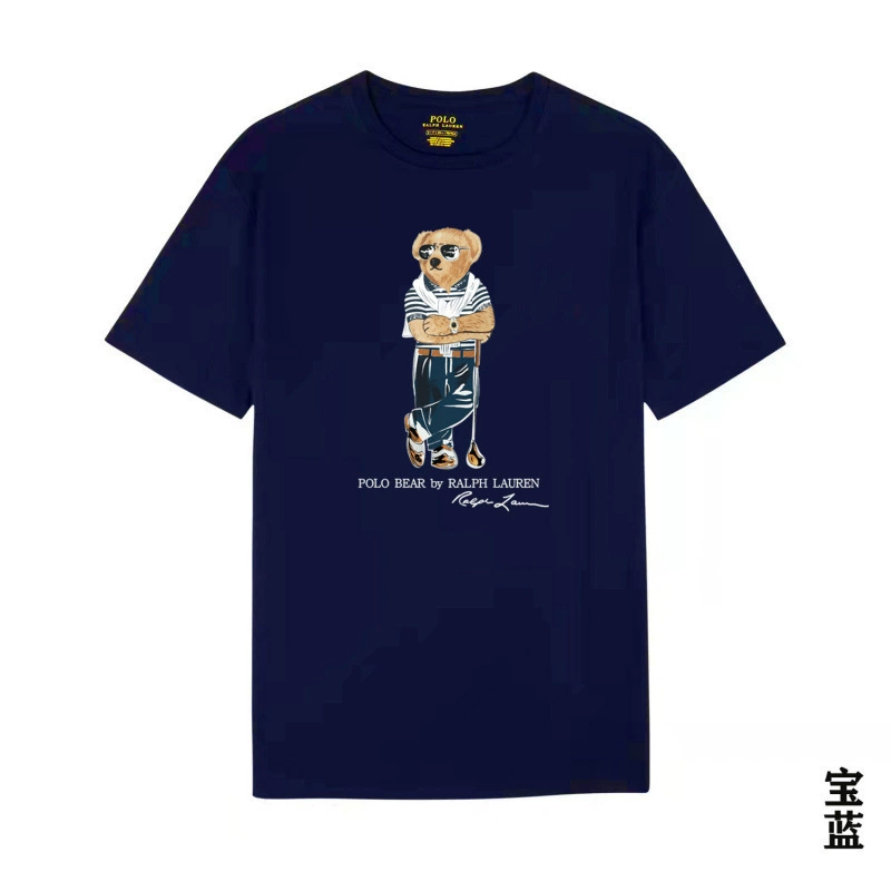 Navy blue t-shirt with a bear graphic and Ralph Lauren logo on a white background