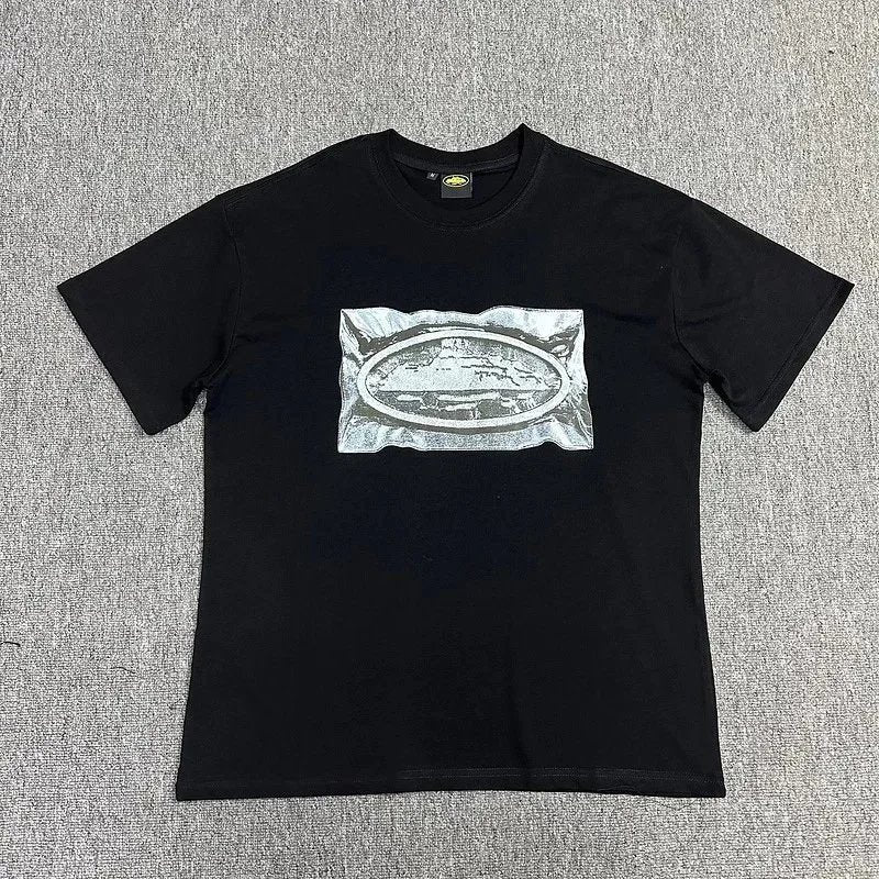 Black t-shirt with a graphic design on a white background
