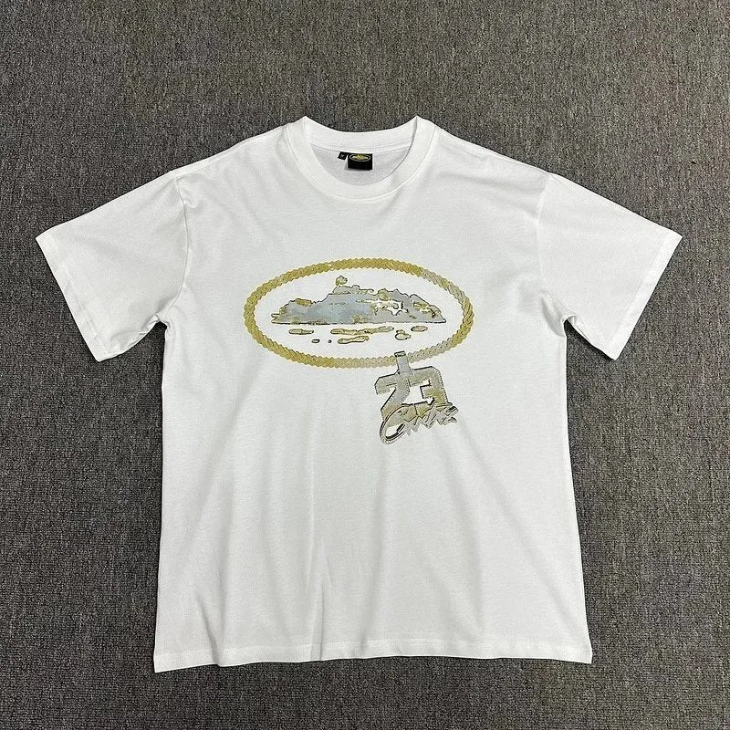 White t-shirt with a graphic design on a gray background