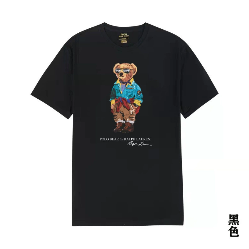 Black t-shirt with a colorful bear graphic and Ralph Lauren logo on a white background