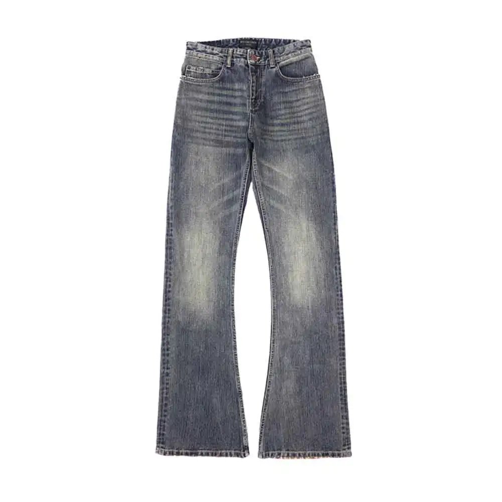 A pair of high-waisted, wide-leg denim jeans in a faded blue wash, shown flat against a plain white background.
