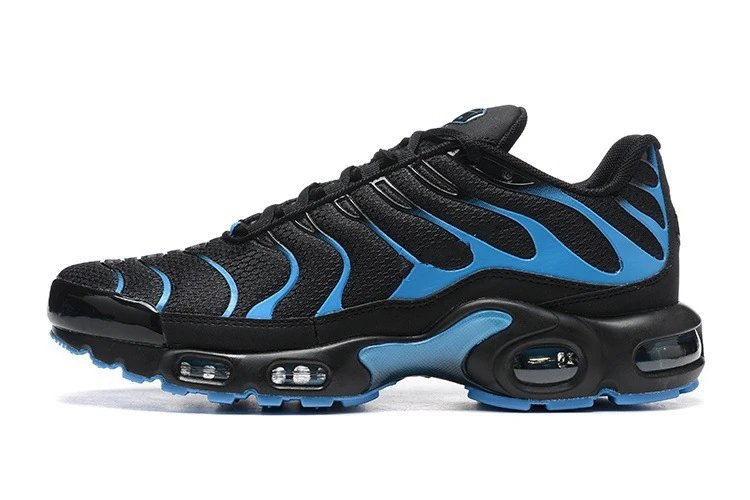 Black and blue sneaker with visible Nike logo on a white background