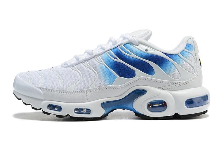 White and blue sneaker with air cushioning on a white background