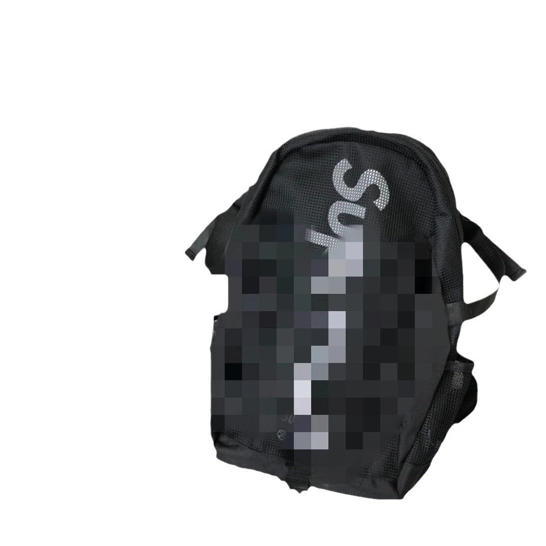 A black mesh backpack with a pixelated censor block over a large white graphic on the front, shown on a plain white background.