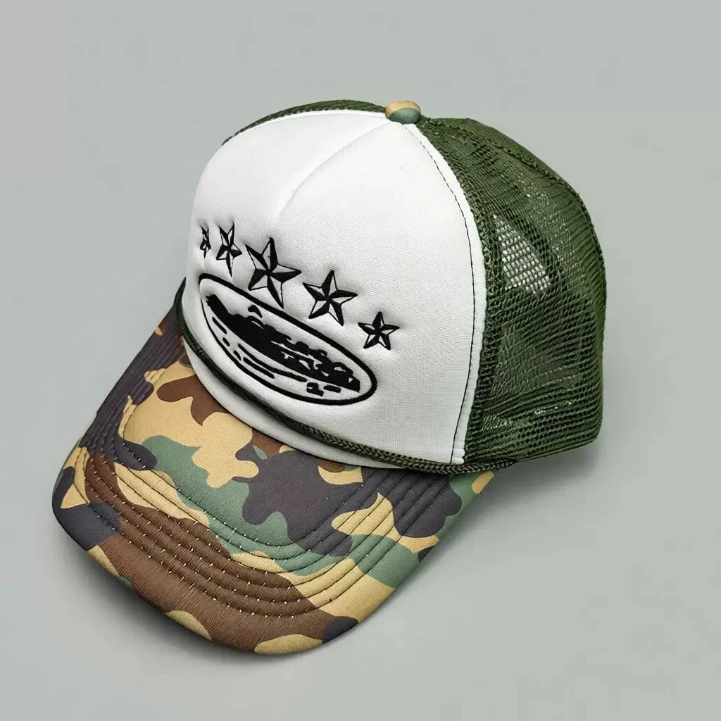 Camouflage baseball cap with white front panel and star design on a gray background