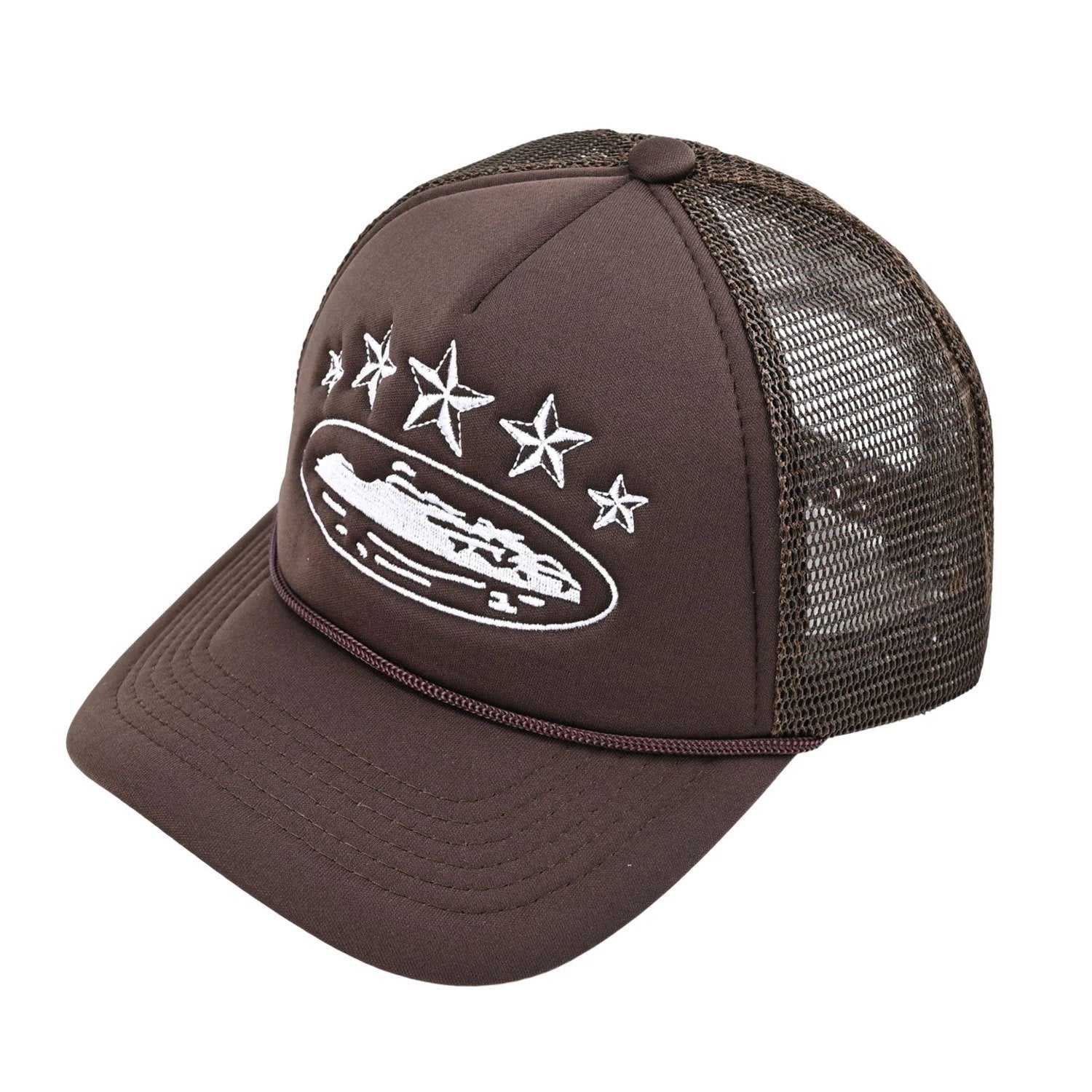 A dark brown trucker hat with a curved brim, featuring a white embroidered graphic of a spaceship and four stars on the front panel, with a mesh back.