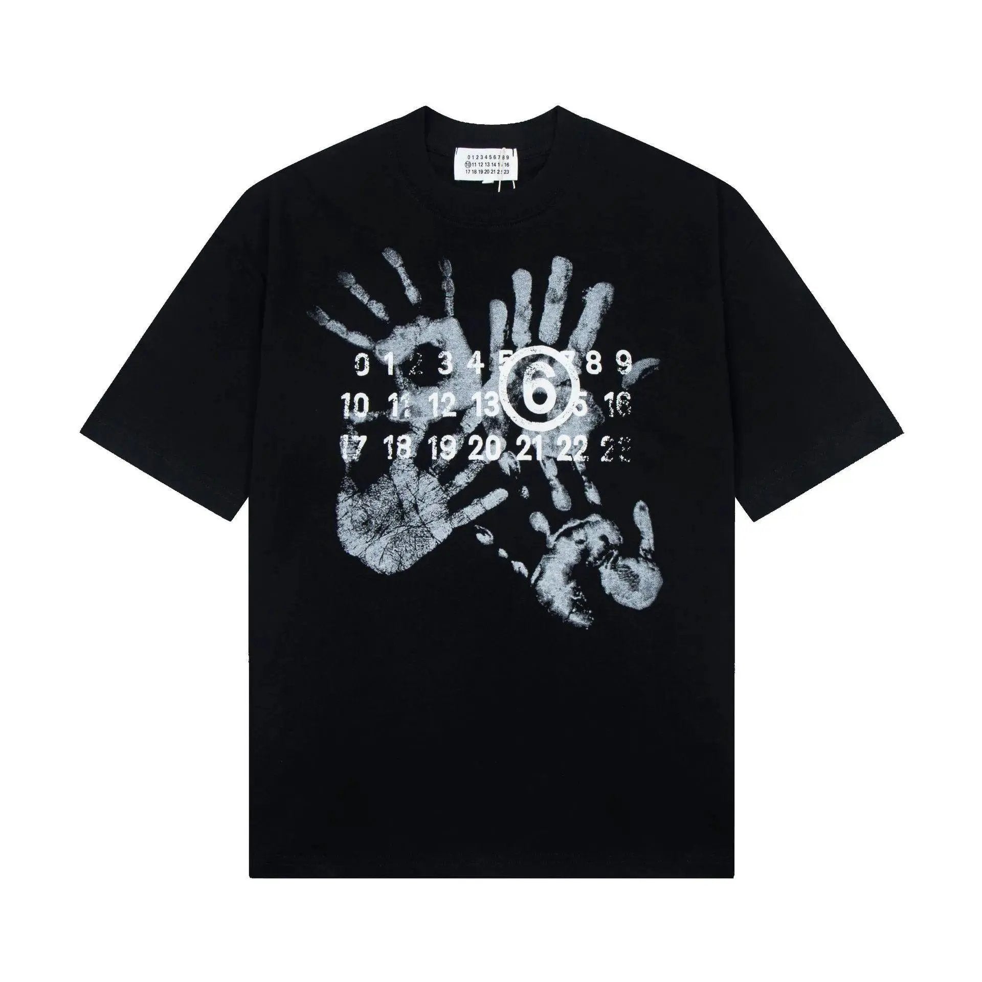 A black short-sleeve t-shirt with a distressed white graphic print on the front featuring handprints, a central eye motif, and rows of numbers, displayed flat against a white background.