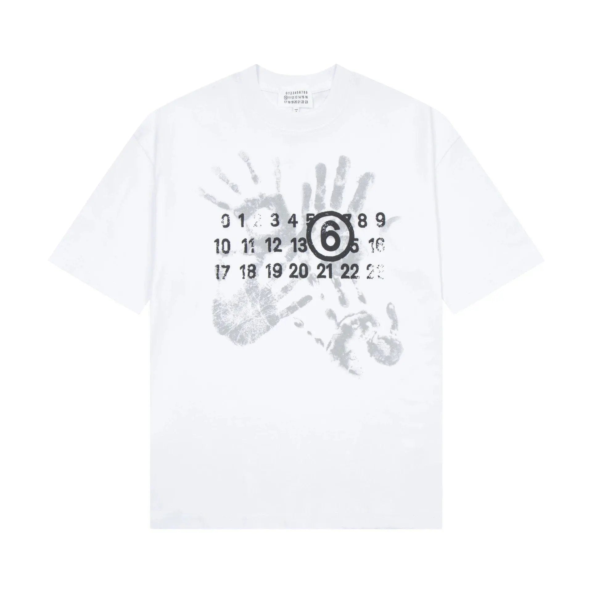 A white short-sleeve crewneck t-shirt featuring a graphic print of a handprint made of numbers from 0 to 23, with a central black circle containing the number 6.