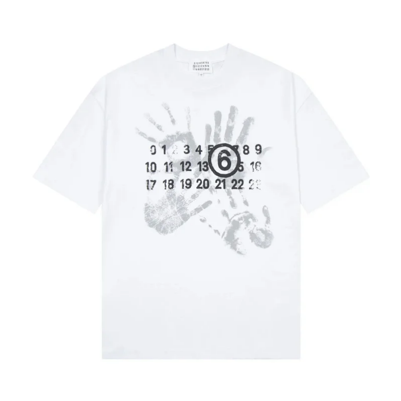 A white short-sleeve crewneck t-shirt featuring a graphic print of gray handprints and numbers arranged in a grid, with a black circle and the number 6 in the center.