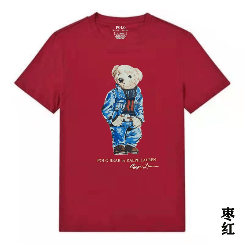 Red t-shirt with a bear graphic and Polo Ralph Lauren branding on a white background.