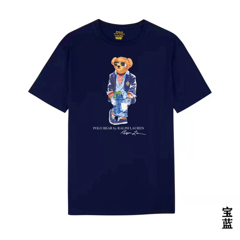 Navy blue t-shirt with a bear graphic and Ralph Lauren logo on a white background