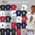 Collection of t-shirts with bear graphics and a person wearing a white t-shirt with a bear graphic.