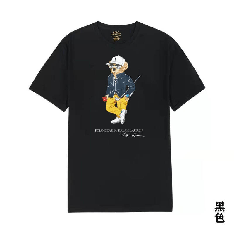 Black t-shirt with a bear graphic and 'Ralph Lauren' branding on a white background