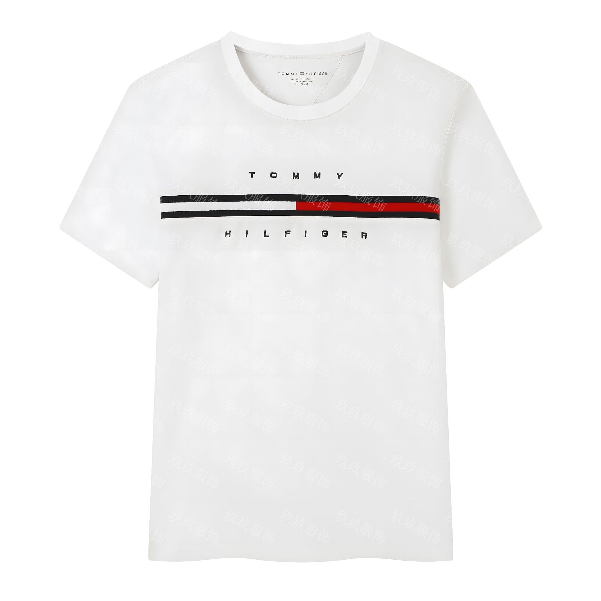 White t-shirt with Tommy Hilfiger logo and red and black stripe on a white background