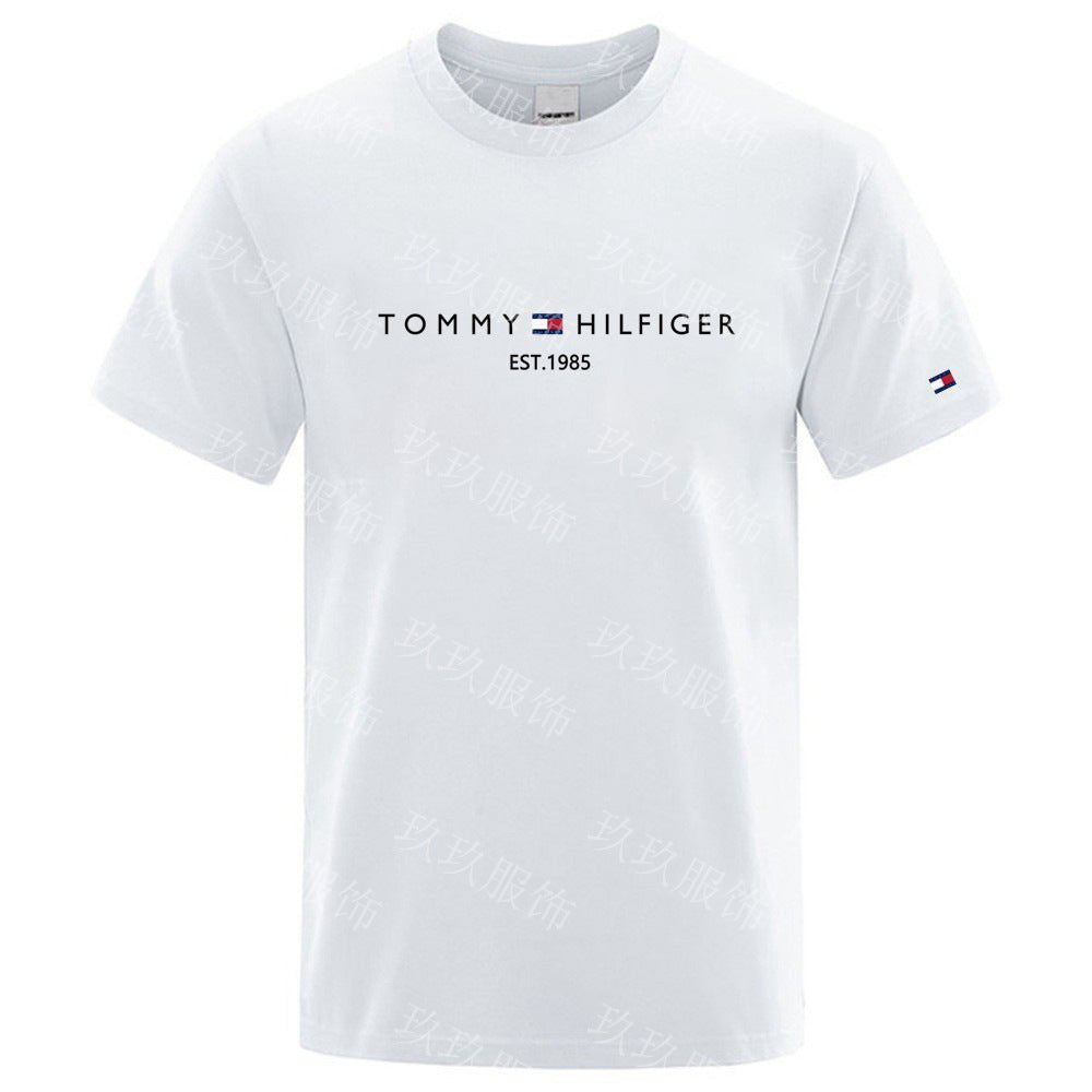 White Tommy Hilfiger t-shirt with logo on a white background
